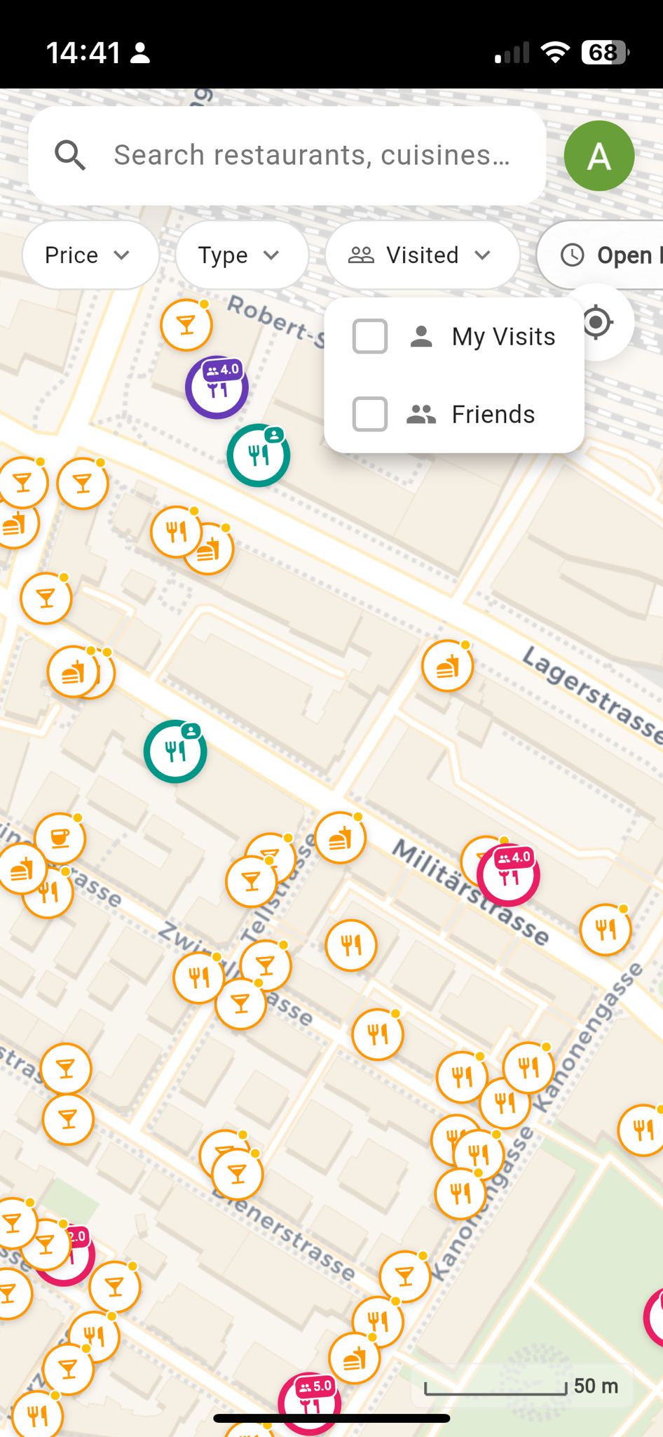 Map showing restaurants and friends' visits