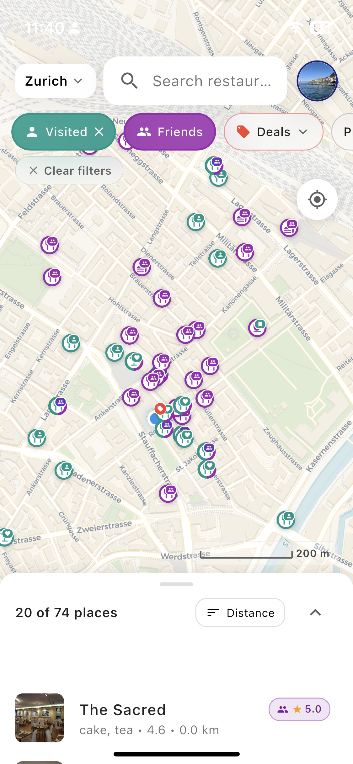 Map showing restaurants and friends' visits